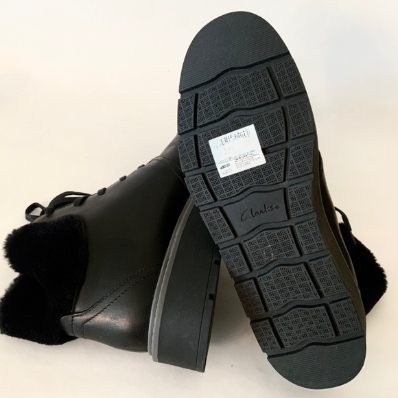 Clarks Andie Go Fur Lace-Up Black Leather Ankle Boots Casual Winter Booties 7.5 - Picture 12 of 13